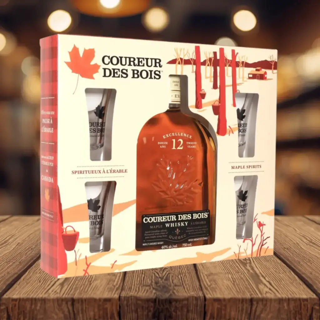 Coffret cadeau Coureur des Bois Excellence avec 4 verres à shooter